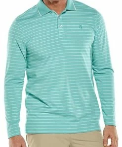 Coolibar Men's Long Sleeve Weekend Polo - Seafoam/White UPF 50+